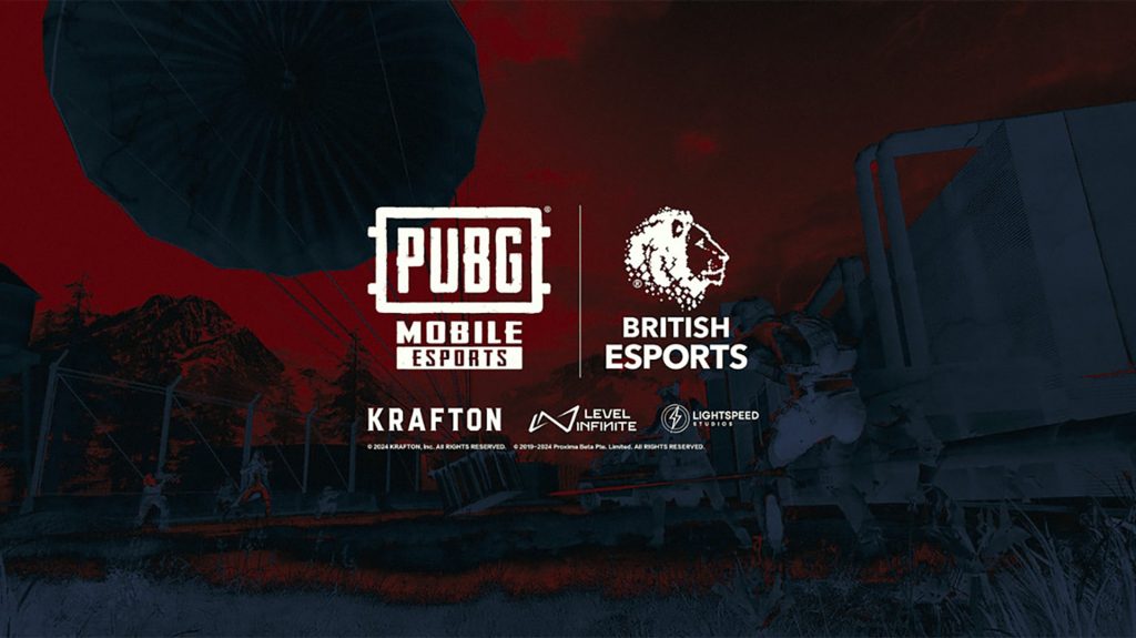 Image of PUBG Mobile and British Esports logos on blue and red background of PUBG Mobile gameplay