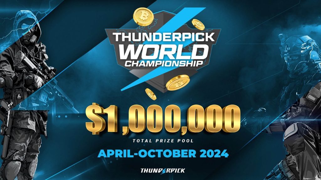 Thunderpick World Championship logo on a dark blue background. Counter-Strike player models are standing on the left and right.