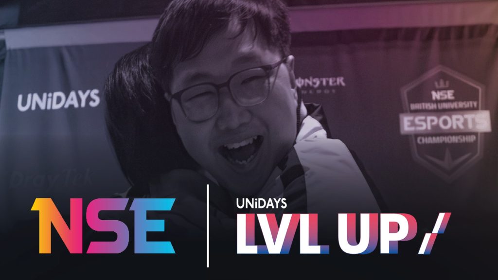 Image of NSE and UNiDays logos on background of esports player celebrating