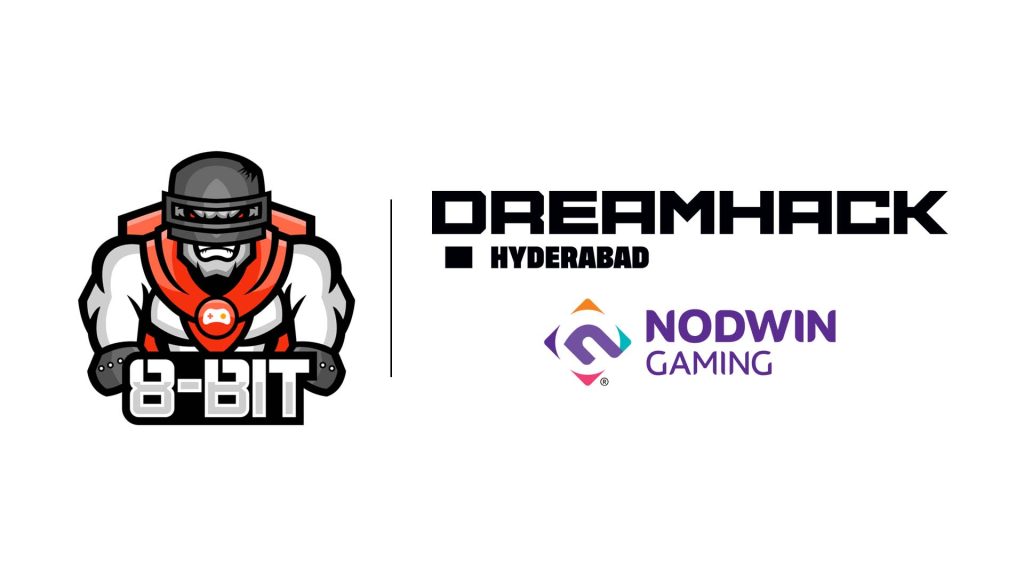 Image of 8Bit Creatives, DreamHack India, and NODWIN Gaming logos on a white background