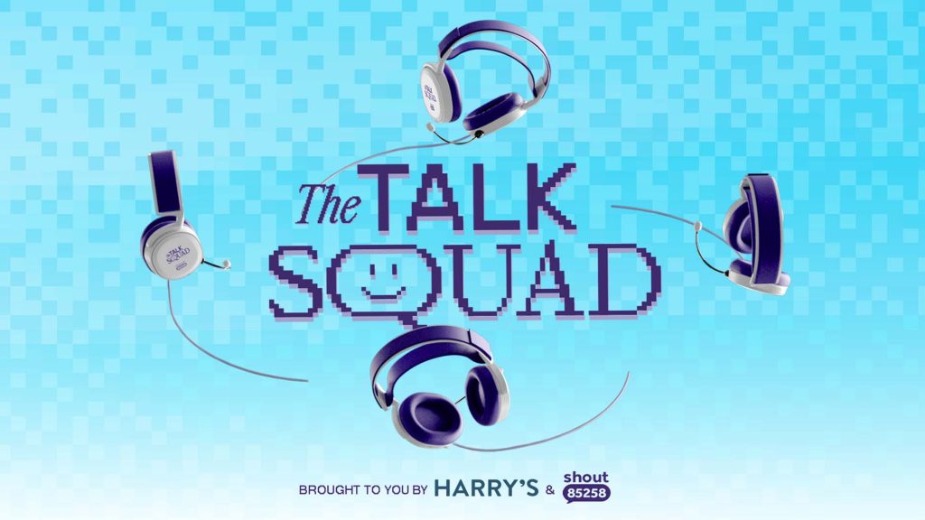 Image of Talk Squad logo on light blue background with Harry's and Shout logos underneath