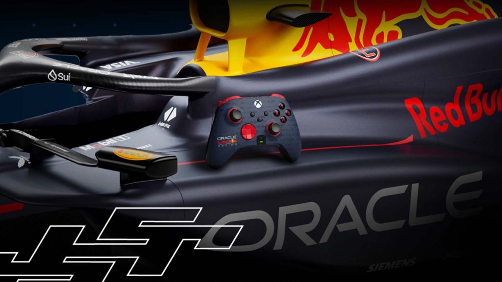 Image of Red Bull Racing-themed SCUF Gaming controller on a Red Bull Formula One car