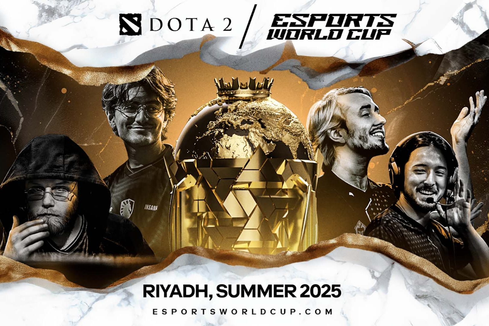 Image of Dota 2 players posing in front of Esports World Cup trophy. The players and trophy are on a gold and white background with the Dota 2 and Esports World Cup logos above them.