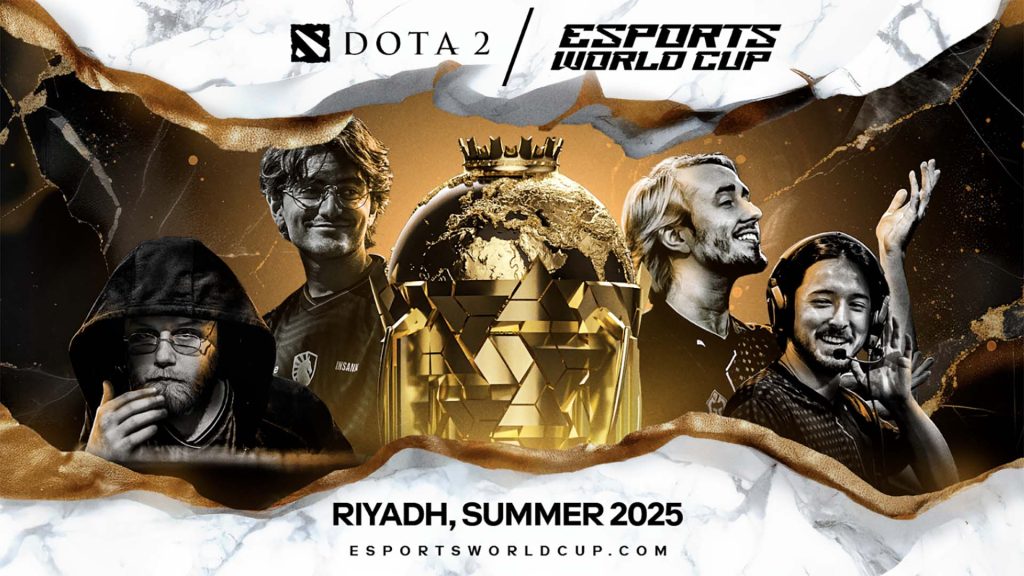 Image of Dota 2 players posing in front of Esports World Cup trophy. The players and trophy are on a gold and white background with the Dota 2 and Esports World Cup logos above them.