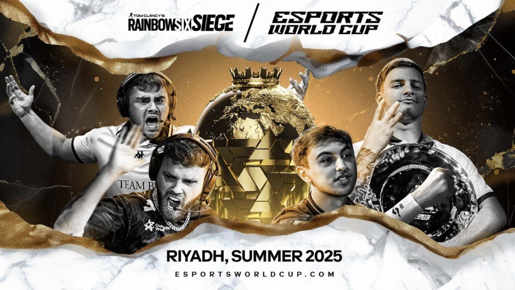 Image of Rainbow Six Siege players posing with the Esports World Cup trophy in the background. The Rainbow Six Siege and Esports World Cup logos are above them in the centre of the image.