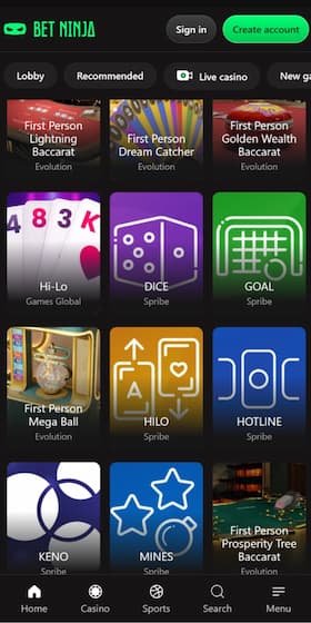 Some table games at Bet Ninja as seen on mobile phone.
