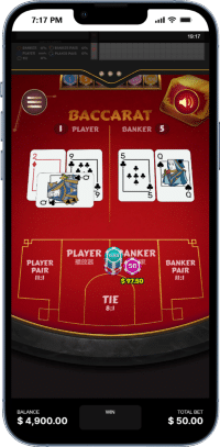 Baccarat game in progress on a mobile casino app showing player and banker cards