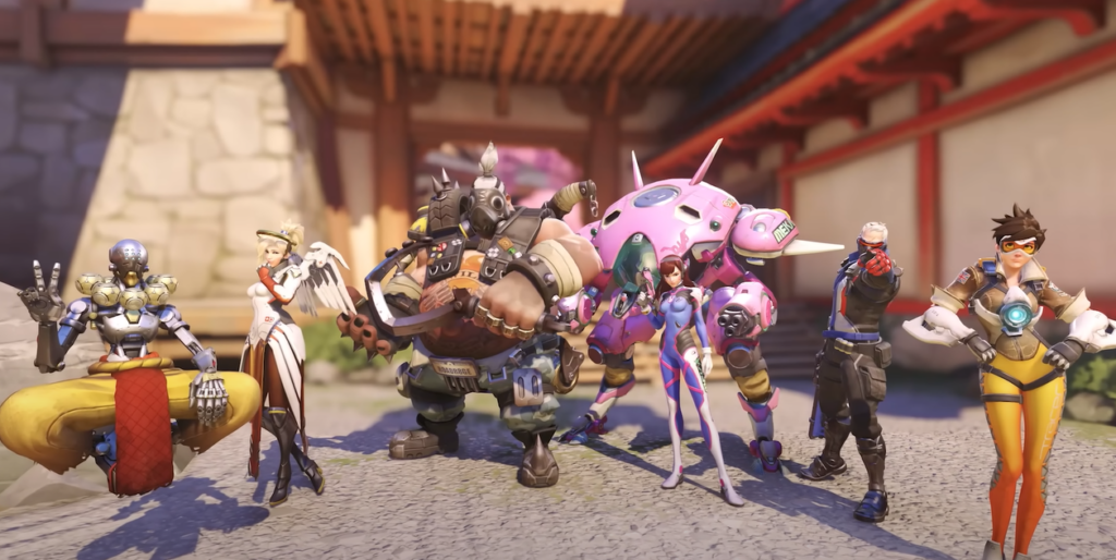 Zenyatta, Mercy, Roadhog, D.VA, Soldier 76 and Tracer in Overwatch 2 Classic