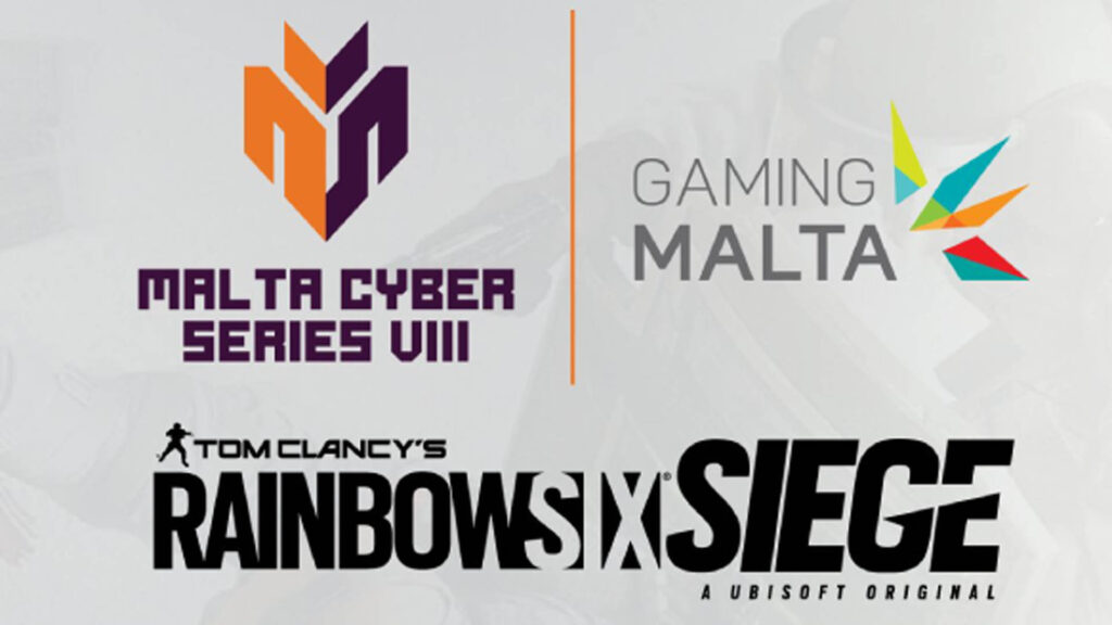 Image of Malta Cyber Series, Gaming Malta, and Rainbow Six Siege logos on grey background