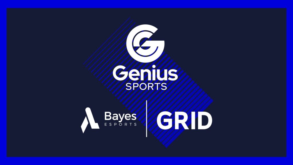 Image of Genius Sports, GRID, and Bayes Esports logos on blue background