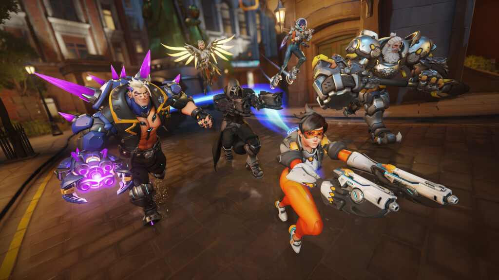 Tracer, Reinhardt, Hazard, Reaper, Juno, and Mercy in Overwatch 2