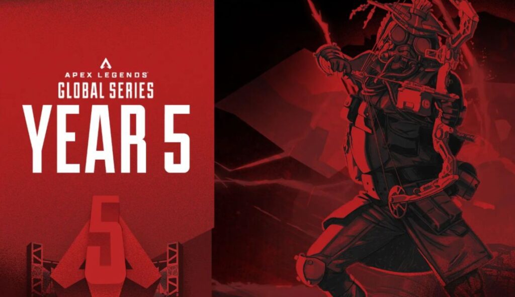 Apex Legends Global Series logo for Year 5, featuring a stylized character wielding a bow, set against a striking red background.
