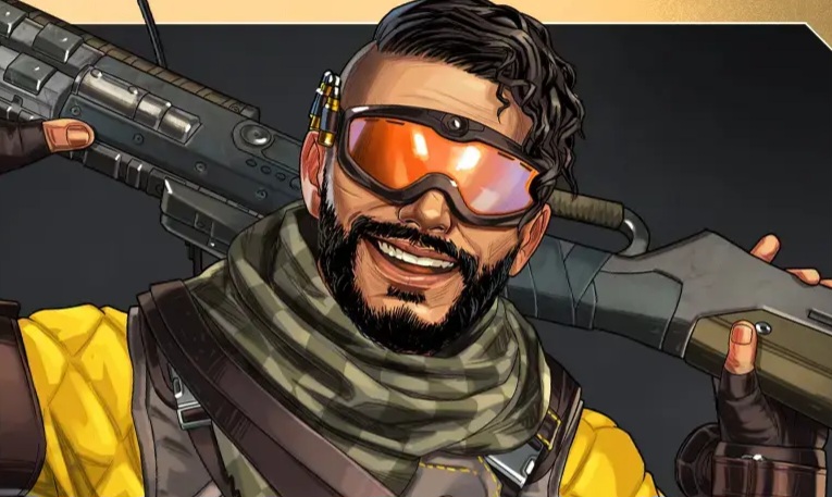 A character dressed in a yellow shirt and tactical gear holds a large weapon, showcasing a serious attitude in a dynamic pose.