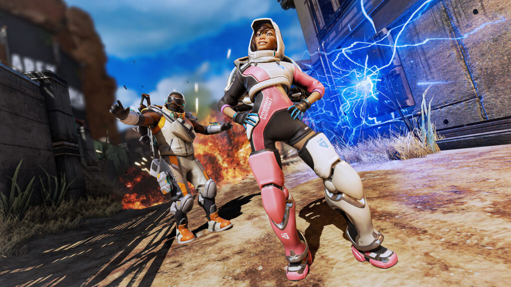 Two armored characters in a dramatic action pose, with explosions and electric arcs in a futuristic landscape.