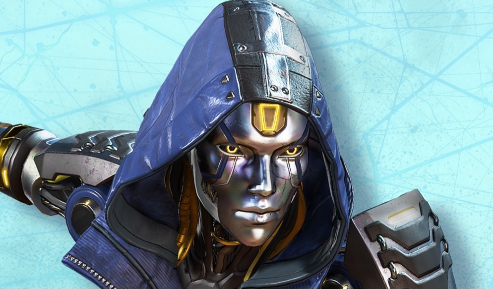 A character dressed in a blue hooded cloak with mechanical arms, set against a light blue geometric background.