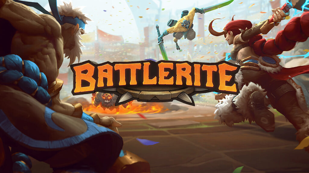 Three stylized characters engage in battle within an arena, with the "Battlerite" logo prominently displayed above them.