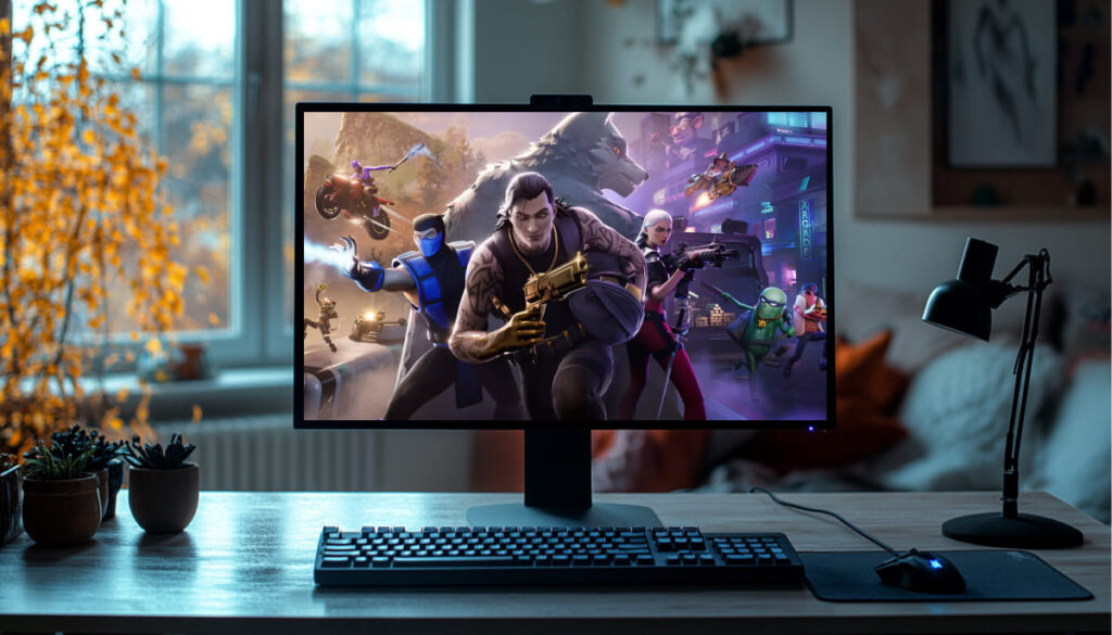 A gaming monitor displays Fortnite characters in action, with a modern workspace featuring plants and a desk lamp.