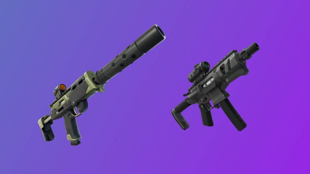 Two futuristic firearms, one olive green with a silencer and one sleek black with a scope, set against a purple gradient background.
