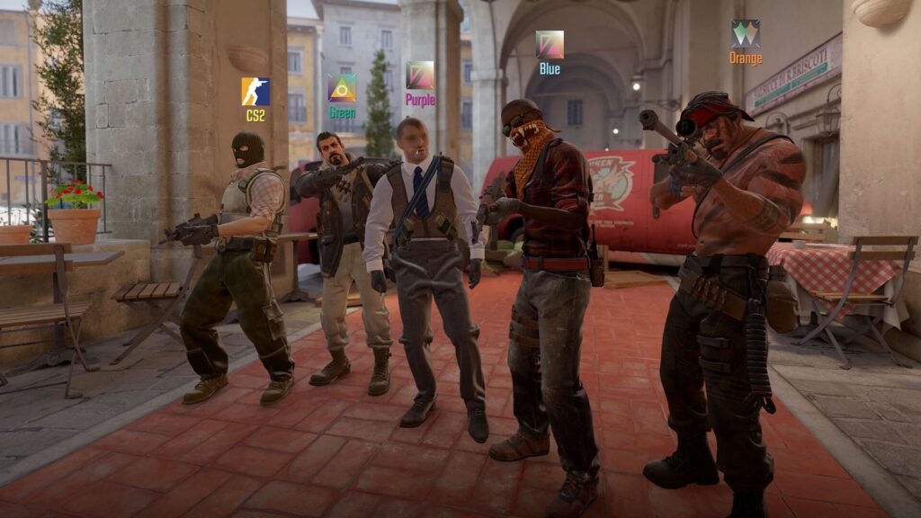 CS2 Terrorists stand confidently in a rustic courtyard, each brandishing weapons and displaying color-coded names.