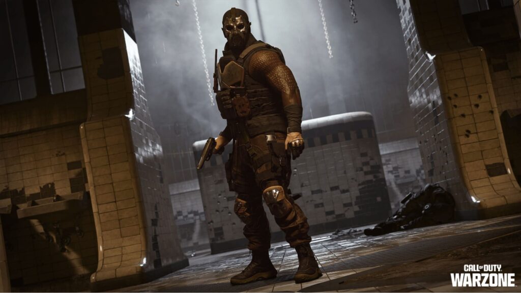 A lone, armored figure stands in a gritty, dimly lit bathroom, holding a handgun, embodying a tense combat scenario.