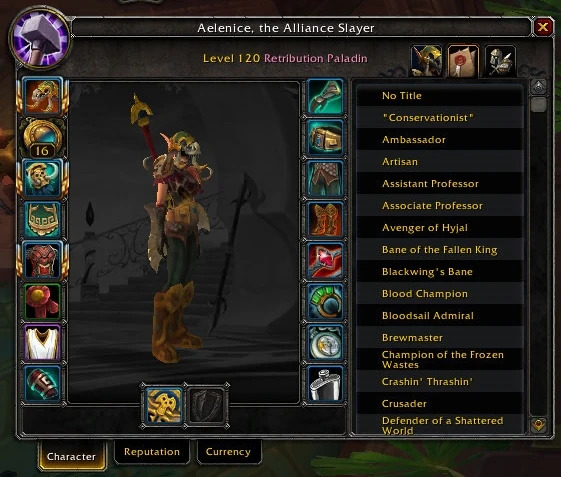 World of Warcraft character profile showing available player titles, including Blood Champion, Ambassador, and Crusader