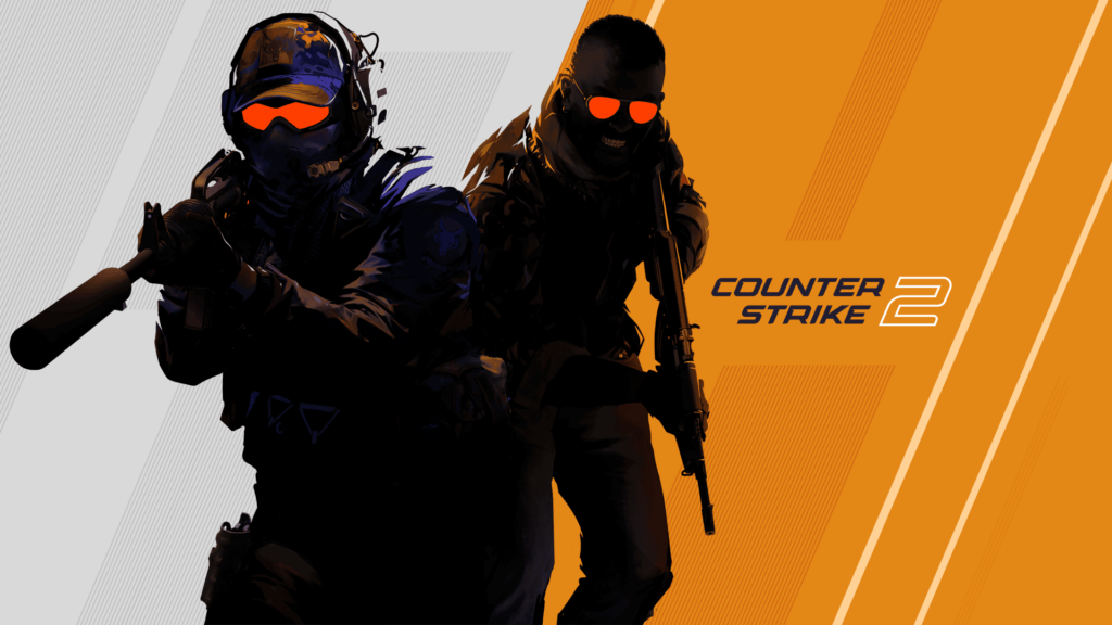 A digital artwork featuring two armored figures holding guns, set against a gradient background with "Counter Strike 2" prominently displayed.