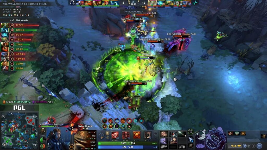 A Dota 2 match in a grand final, showcasing intense gameplay with character abilities and team stats visible on the interface.