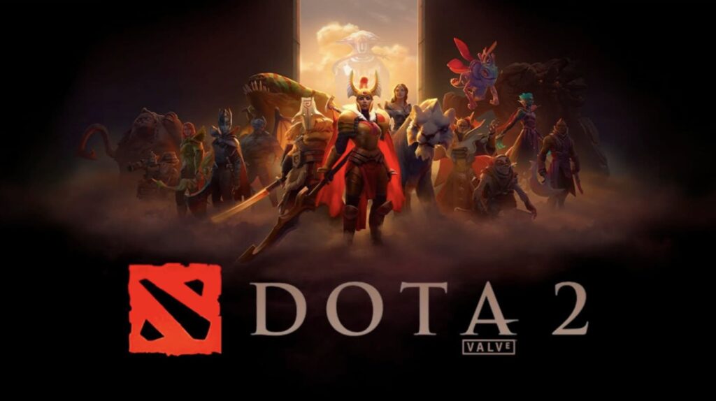 A group of iconic Dota 2 heroes stands heroically amidst a mystical background, featuring the game's logo prominently below.