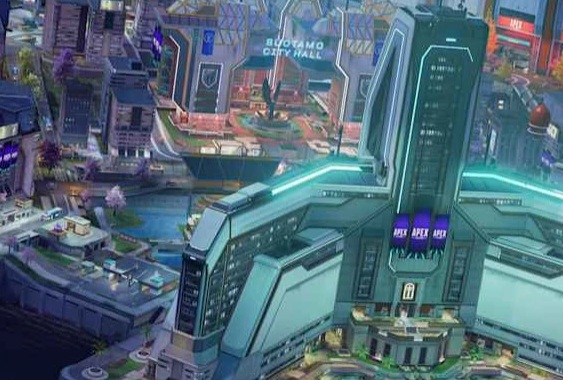 A vibrant, futuristic cityscape featuring towering buildings, a waterfront, and prominent signs for "Apex" and "City Hall."