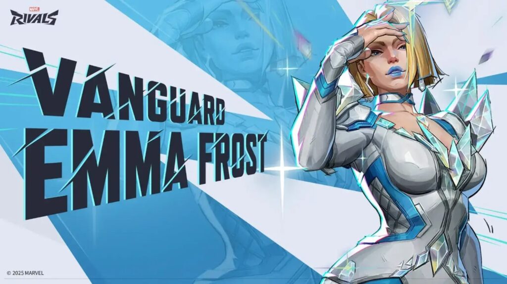 A digital illustration of Emma Frost in a sleek white and blue costume, surrounded by sharp ice elements and bold text "Vanguard".