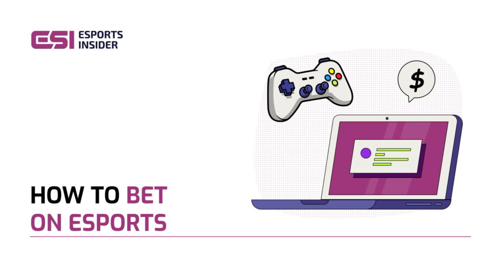 Graphic promoting "How to Bet on Esports," featuring a game controller and a laptop displaying a betting interface.