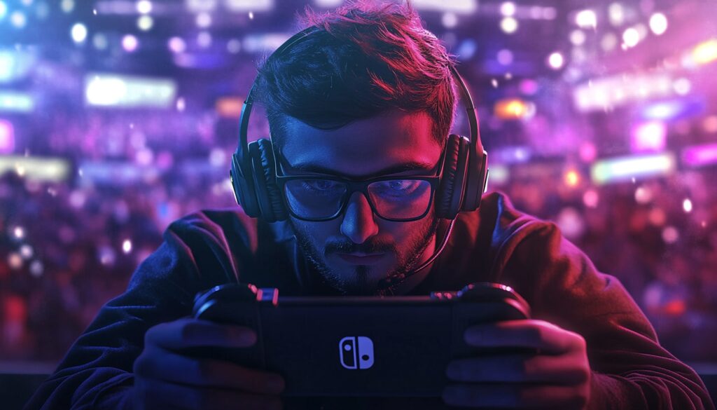 A gamer wearing headphones focuses intently on a Nintendo Switch, surrounded by a vibrant, colorful crowd at an event.