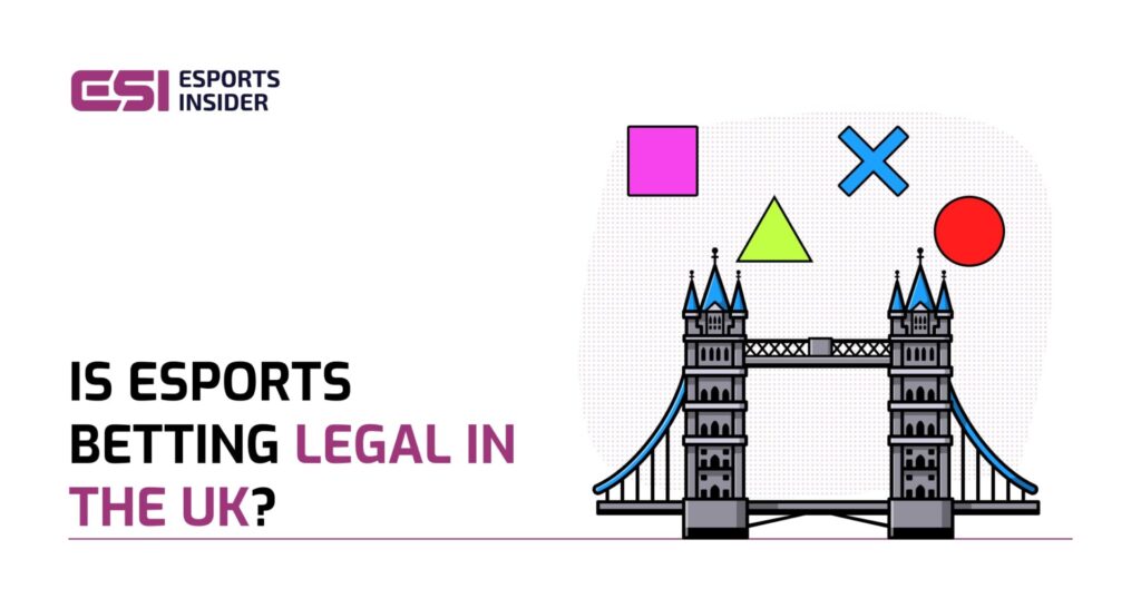 Text overlay asking "Is esports betting legal in the UK?" with a stylized illustration of Tower Bridge and colorful geometric shapes.