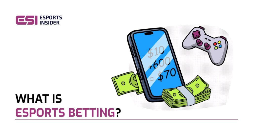 An illustration showing a smartphone displaying betting calculations, a game controller, and stacks of money, asking, "What is esports betting?"