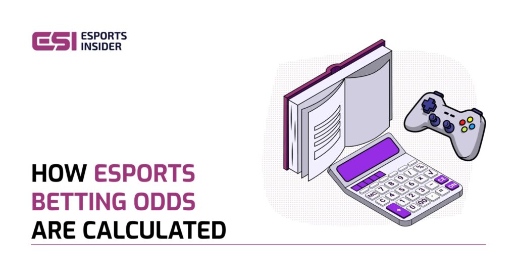 Illustration of a calculator, open book, and gaming controller with the text "How esports betting odds are calculated" prominently displayed.