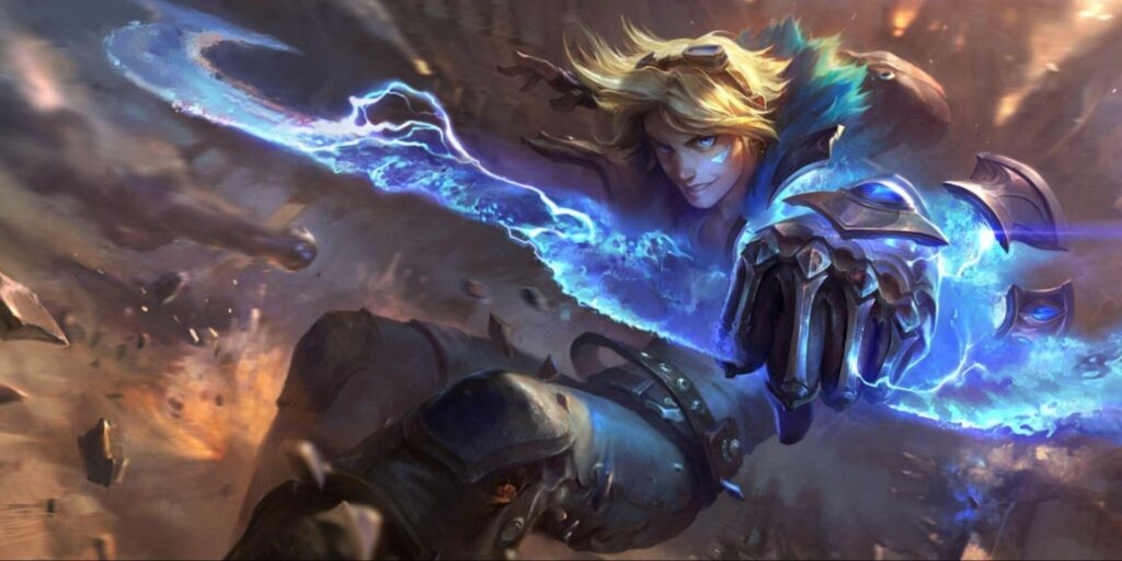 A fantastical Ezreal's arm wielding a glowing electric sword with debris flying around in a dynamic battle scene.