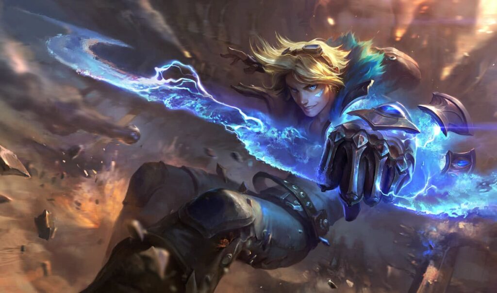 Ezreal, clad in armor, wields a shimmering, electric-infused sword amidst a chaotic battlefield, with debris flying.