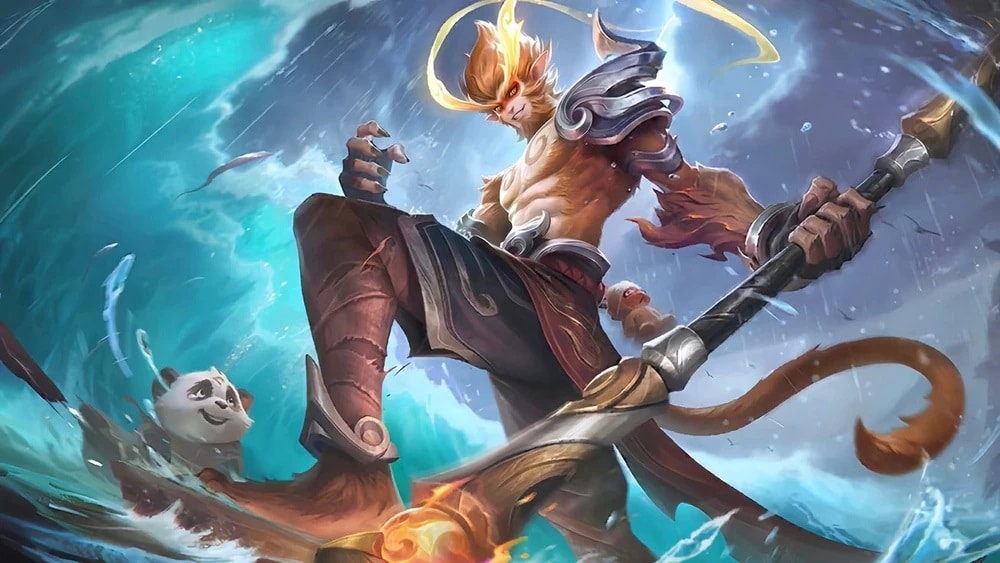 Sun with fiery hair and staff stands on waves; dynamic scene with small cloud-like creature, conveying action and energy