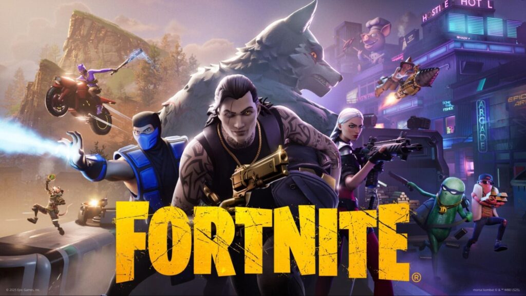 A dynamic Fortnite scene featuring various characters in action, including a wolf, motorbike stunts, and vibrant neon city elements.