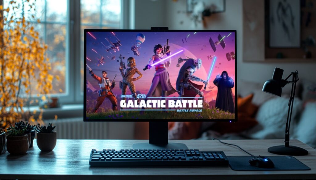 A desktop monitor displaying a Fortnite and Star Wars crossover event titled "Galactic Battle" featuring characters like Chewbacca, General Grievous, and Emperor Palpatine, with lightsabers and starships in the background, set in a cozy home office environment.