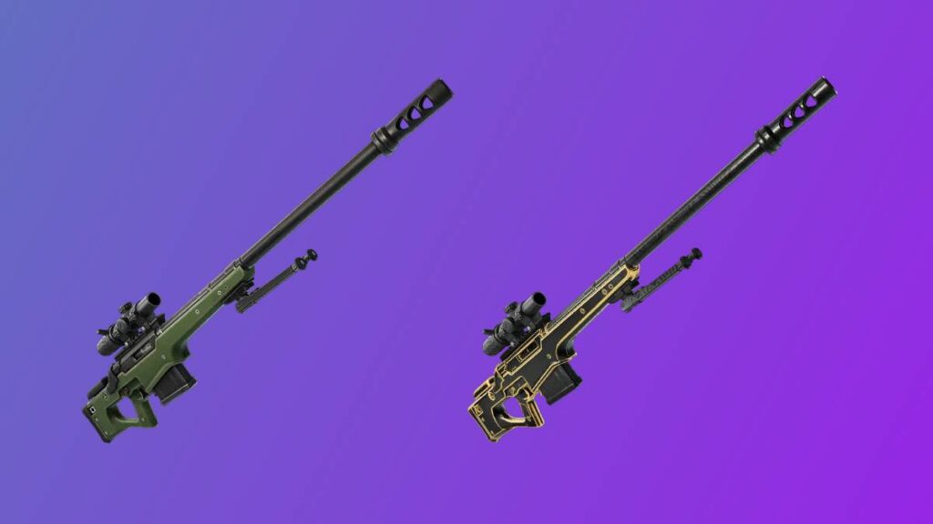 Two stylized sniper rifles, one in green with a scope and one in black with gold accents, set against a purple gradient background.