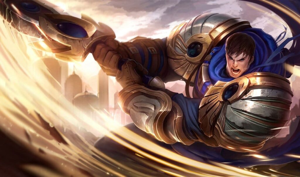 A LoL character Garen in ornate armor wields a large weapon, surrounded by a swirling, glowing energy, with a mystical cityscape in the background.