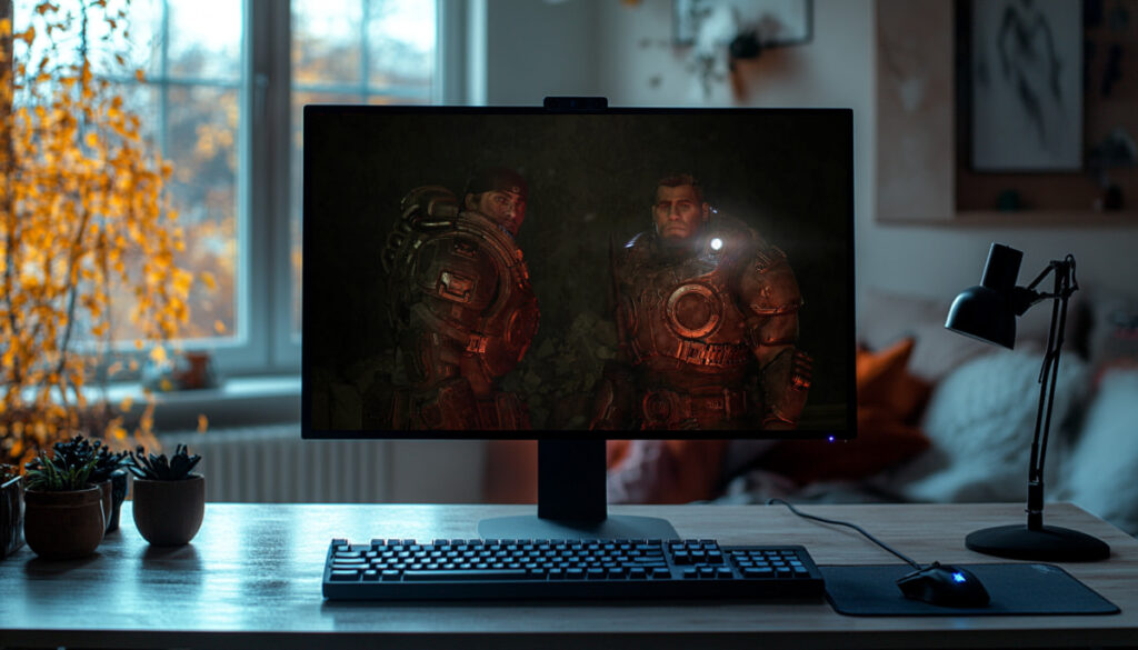 A computer monitor displays a scene from the Gears of War: E-Day
