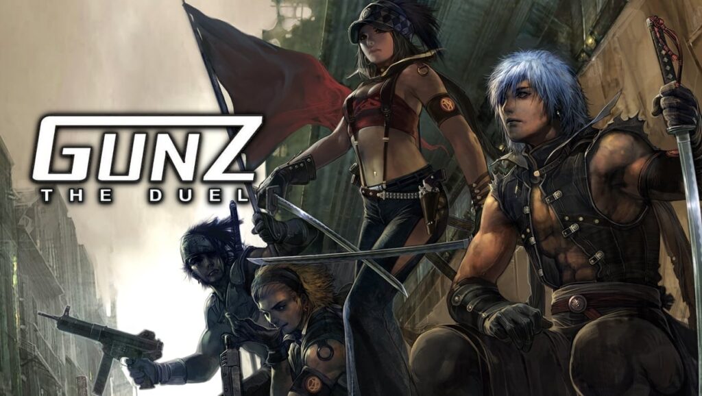 A group of stylized characters pose dramatically in a gritty urban setting, showcasing fierce expressions and dynamic outfits. The logo "GUNZ: THE DUEL" overlays the image.