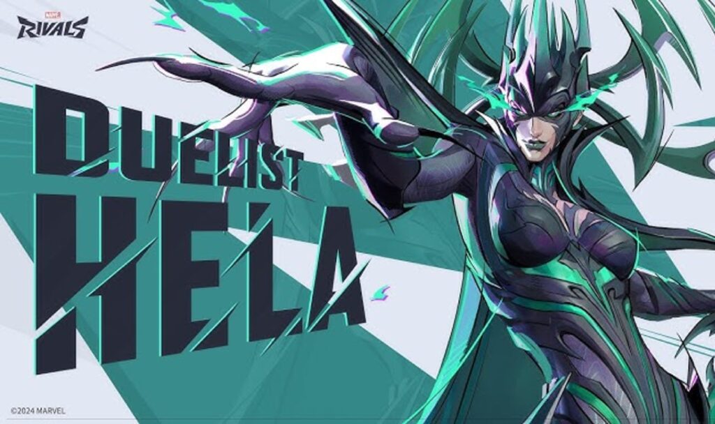 A mystical Marvel Rivals character with dark, ornate armor and green accents poses dramatically, featuring the text "DUELIST HELA" prominently.