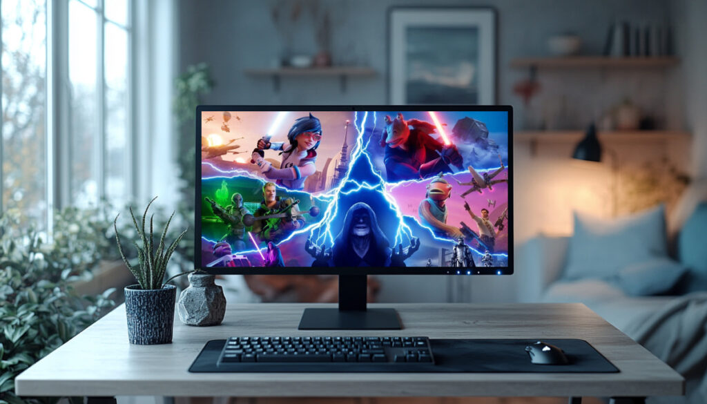 A computer monitor on a desk in a cozy room displays a vibrant scene from Fortnite Chapter Six, featuring characters with lightsabers, lightning effects, and battle sequences, symbolizing dynamic gameplay and upcoming changes in ranked mode.
