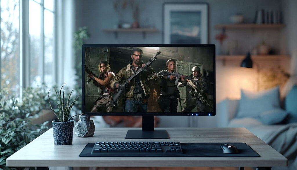 A gaming monitor displays Zombies Team in Black Ops 6 in a dimly lit room, surrounded by indoor plants and soft lighting.