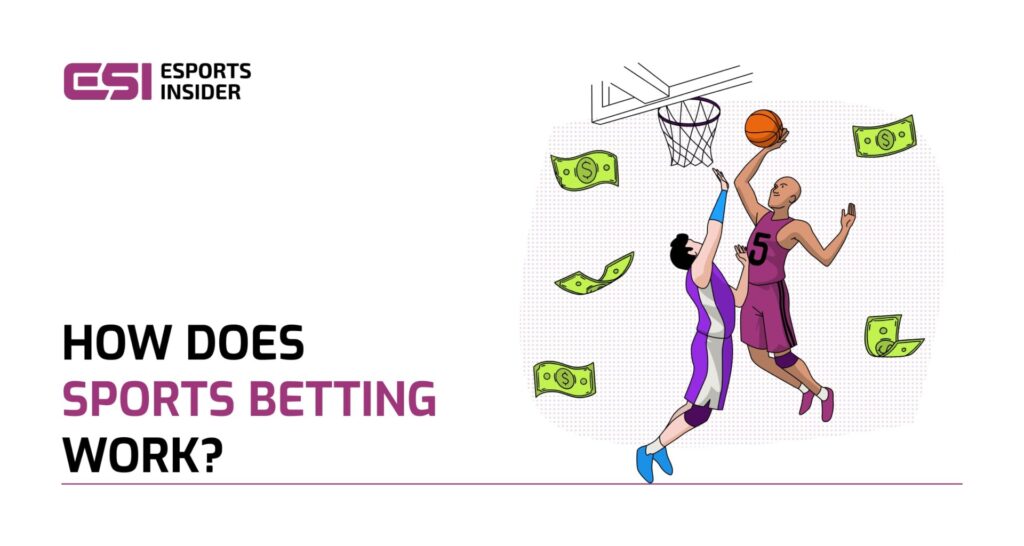 A basketball player jumps to make a shot while another attempts to block him, surrounded by floating dollar bills, illustrating sports betting.