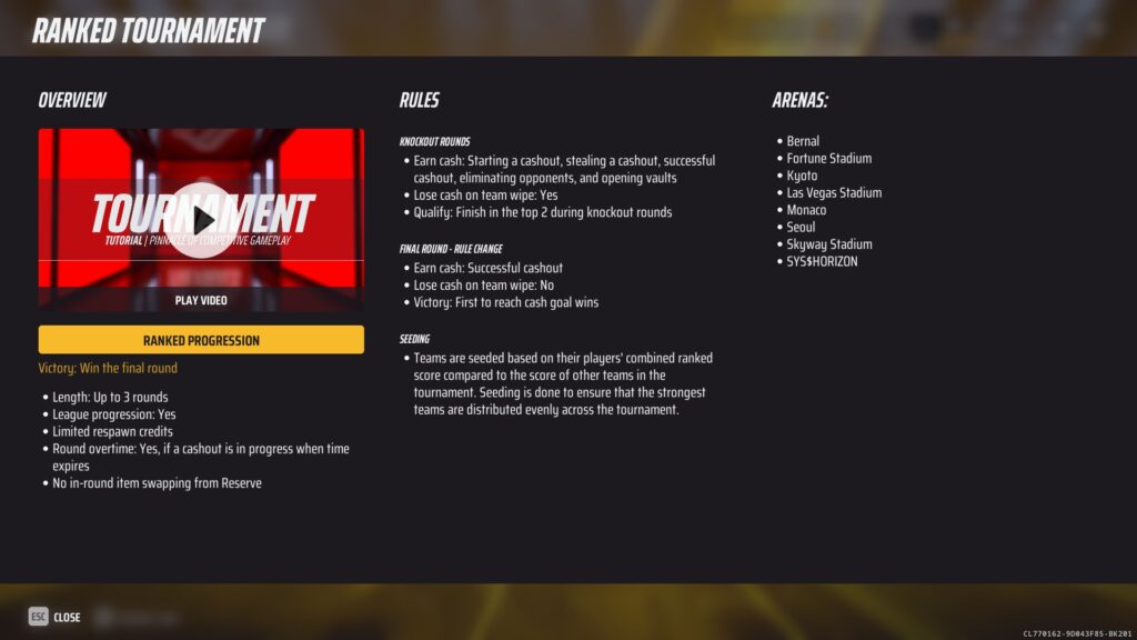Image shows a ranked tournament overview with rules for knockout and final rounds, team seeding, and multiple arena options.