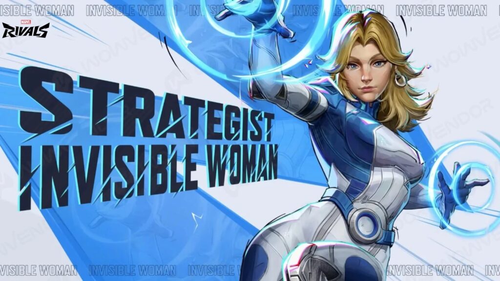 A dynamic illustration of the Invisible Woman, showcasing her as a strategist with glowing energy effects and a sleek costume design.